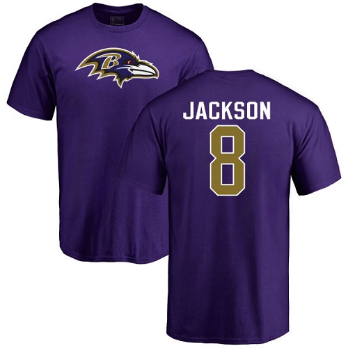 Men Baltimore Ravens Purple Lamar Jackson Name and Number Logo NFL Football #8 T Shirt->baltimore ravens->NFL Jersey